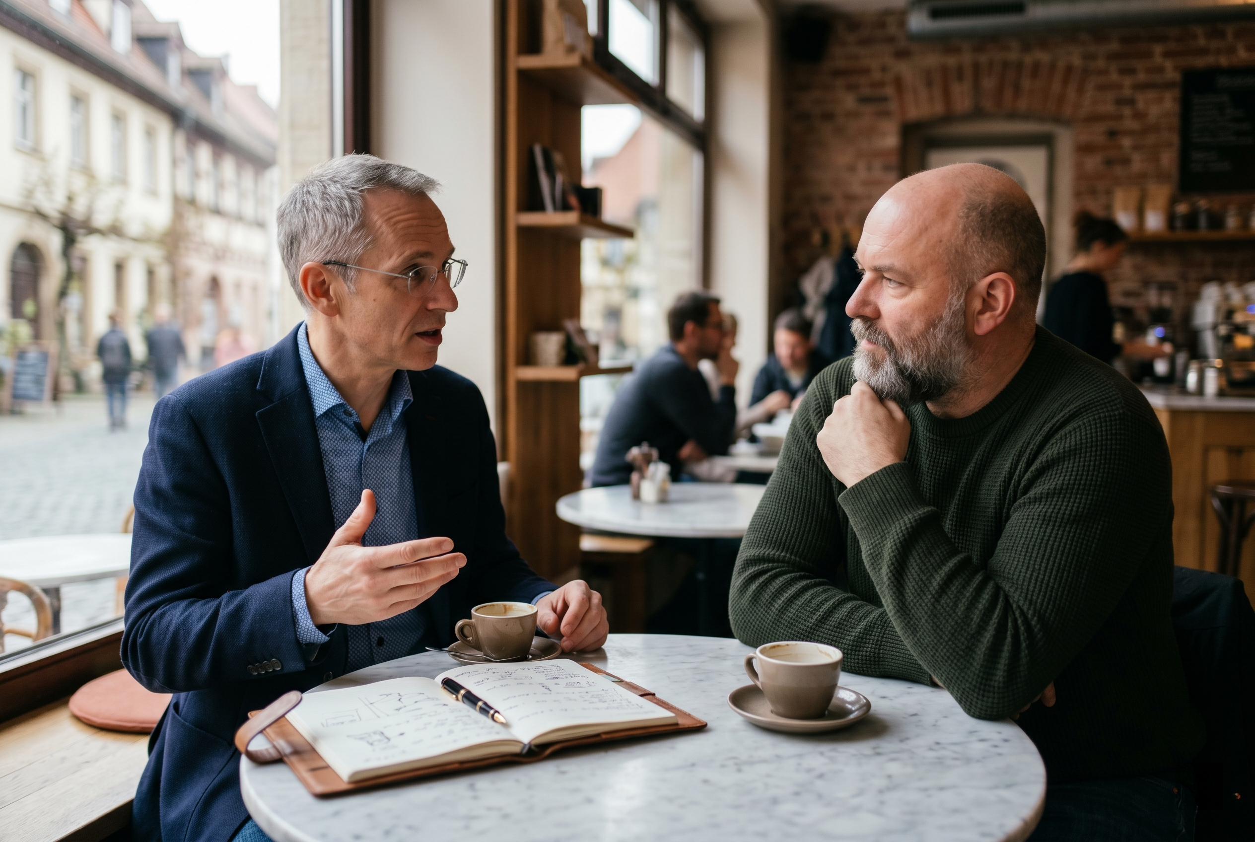 Zwei Männer 50+ im tiefen Gespräch in modernem Café mit Notizbuch und Kaffee - Mentoring und MännerGespräch für Männer 40+