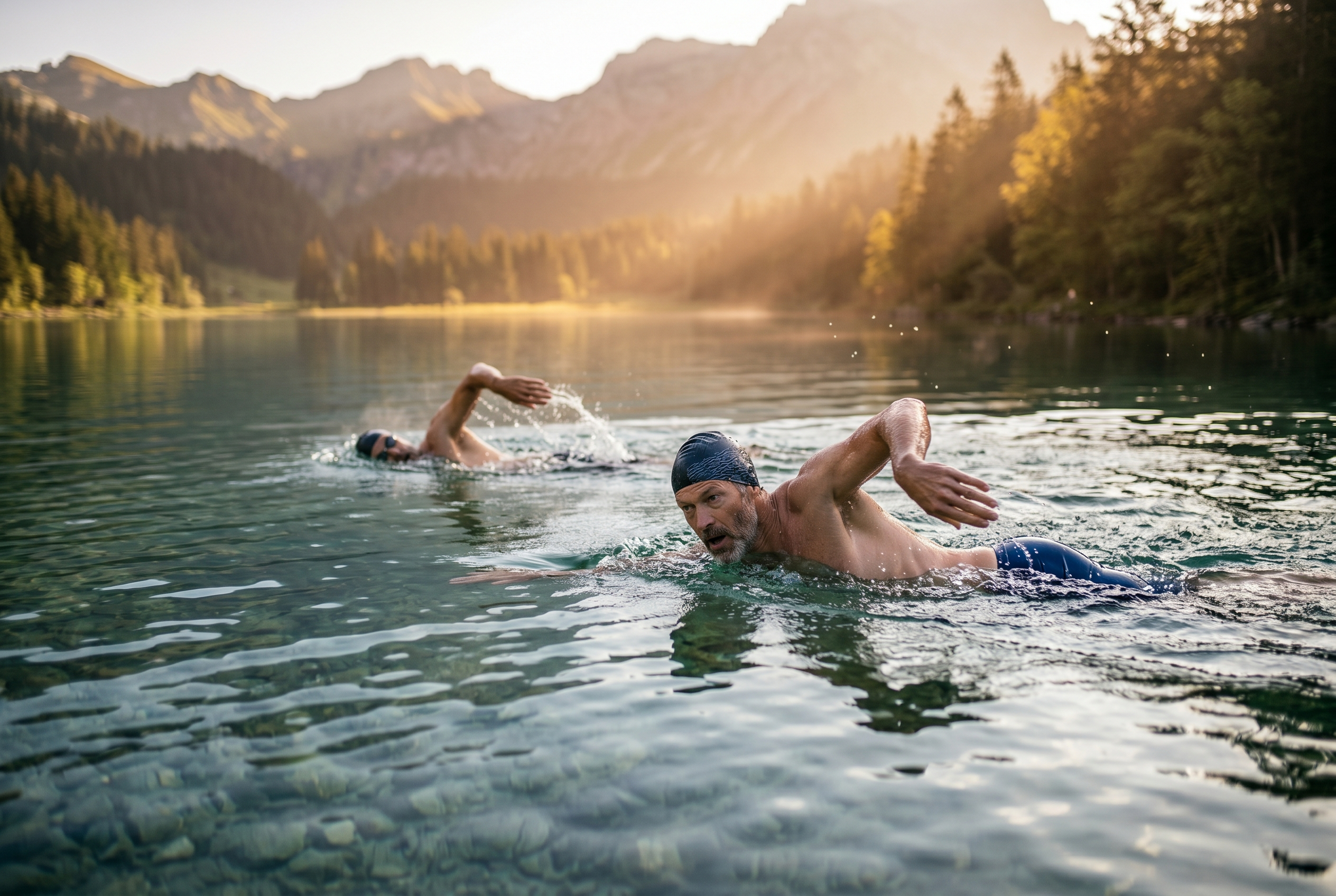Zwei Männer 50+ schwimmen im Kraulstil Open Water in klarem Bergsee bei Sonnenaufgang - Kaltwasser-Schwimmen und Ausdauer für Männer 40+