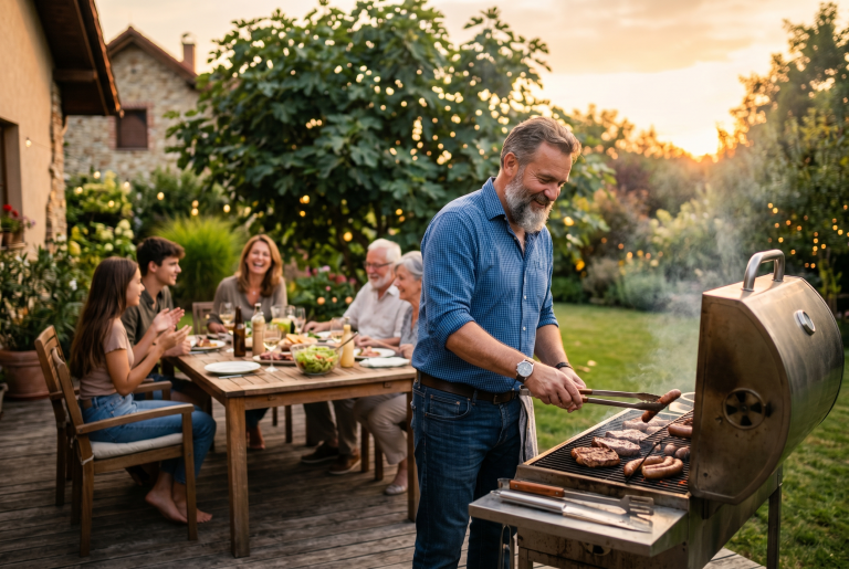Mann 50+ mit grauem Bart grillt Steaks und Würstchen im Garten, Familie sitzt im Hintergrund am Tisch in goldener Abendsonne - bewusste Genussmomente mit Carb Cycling für Männer 40+