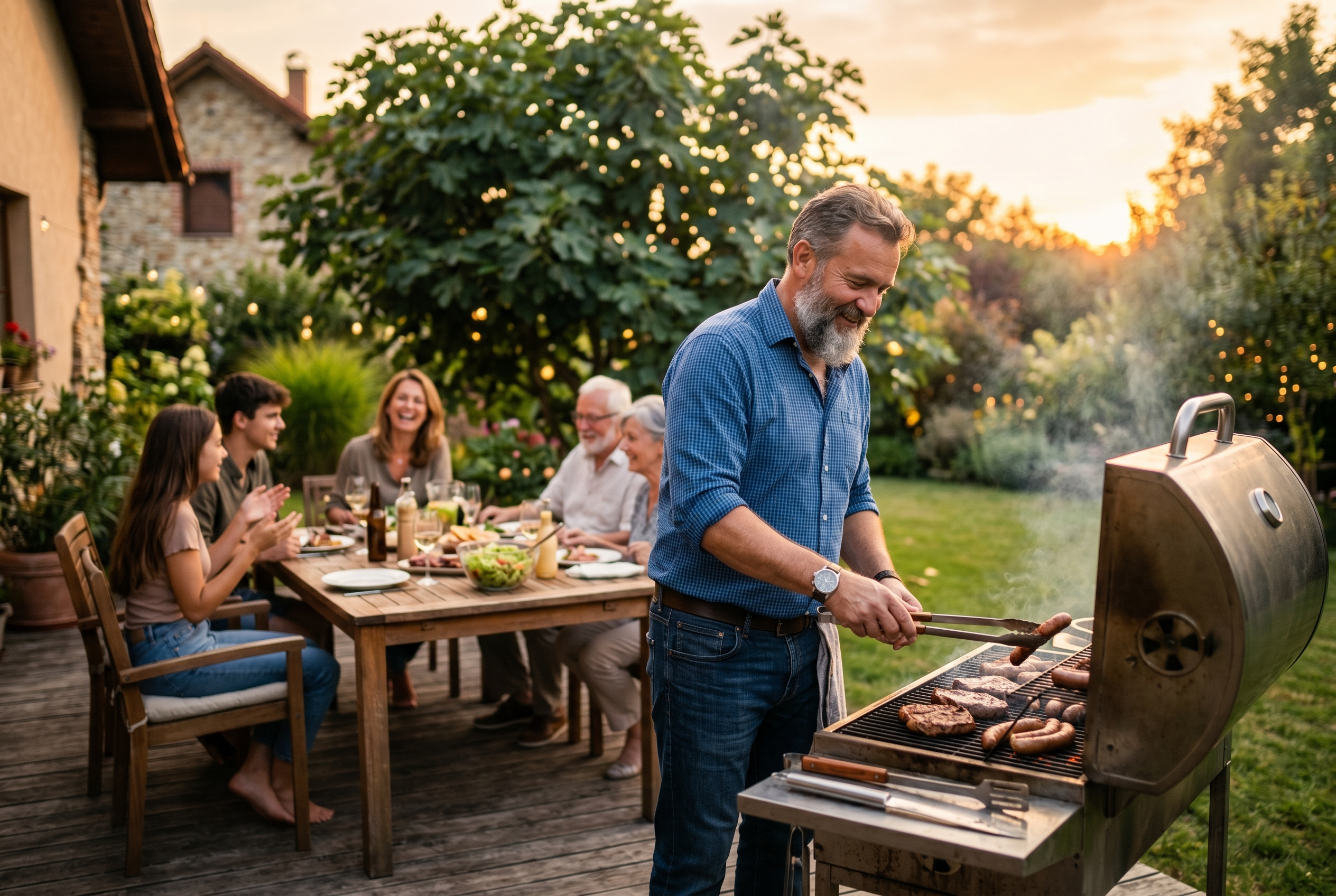 Mann 50+ mit grauem Bart grillt Steaks und Würstchen im Garten, Familie sitzt im Hintergrund am Tisch in goldener Abendsonne - bewusste Genussmomente mit Carb Cycling für Männer 40+