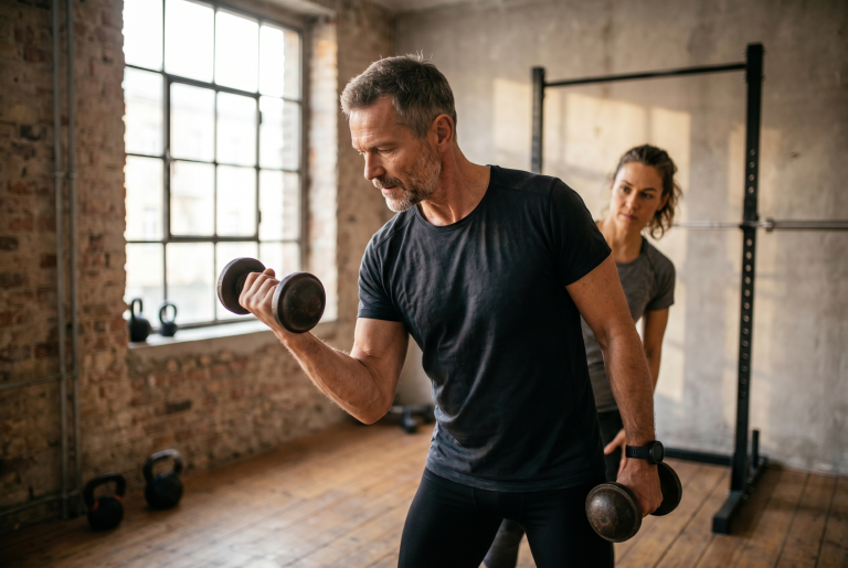 Mann 50+ mit grauem Bart trainiert Bizeps-Curls mit Kurzhantel im rustikalen Fitnessstudio mit Backsteinwand, Trainerin im Hintergrund - Hypertrophie-Training für Männer 40+