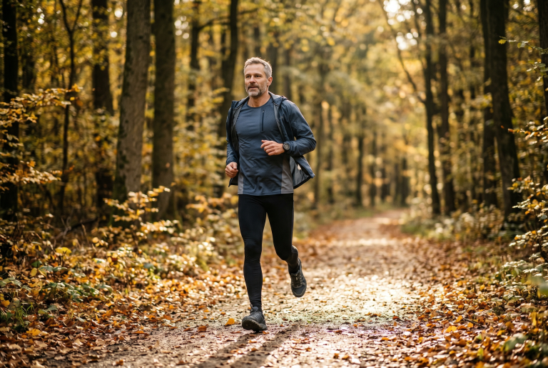 Mann 50+ mit grauem Bart joggt locker auf Waldweg im goldenen Herbstlaub - Zone-2-Cardio für Männer 40+