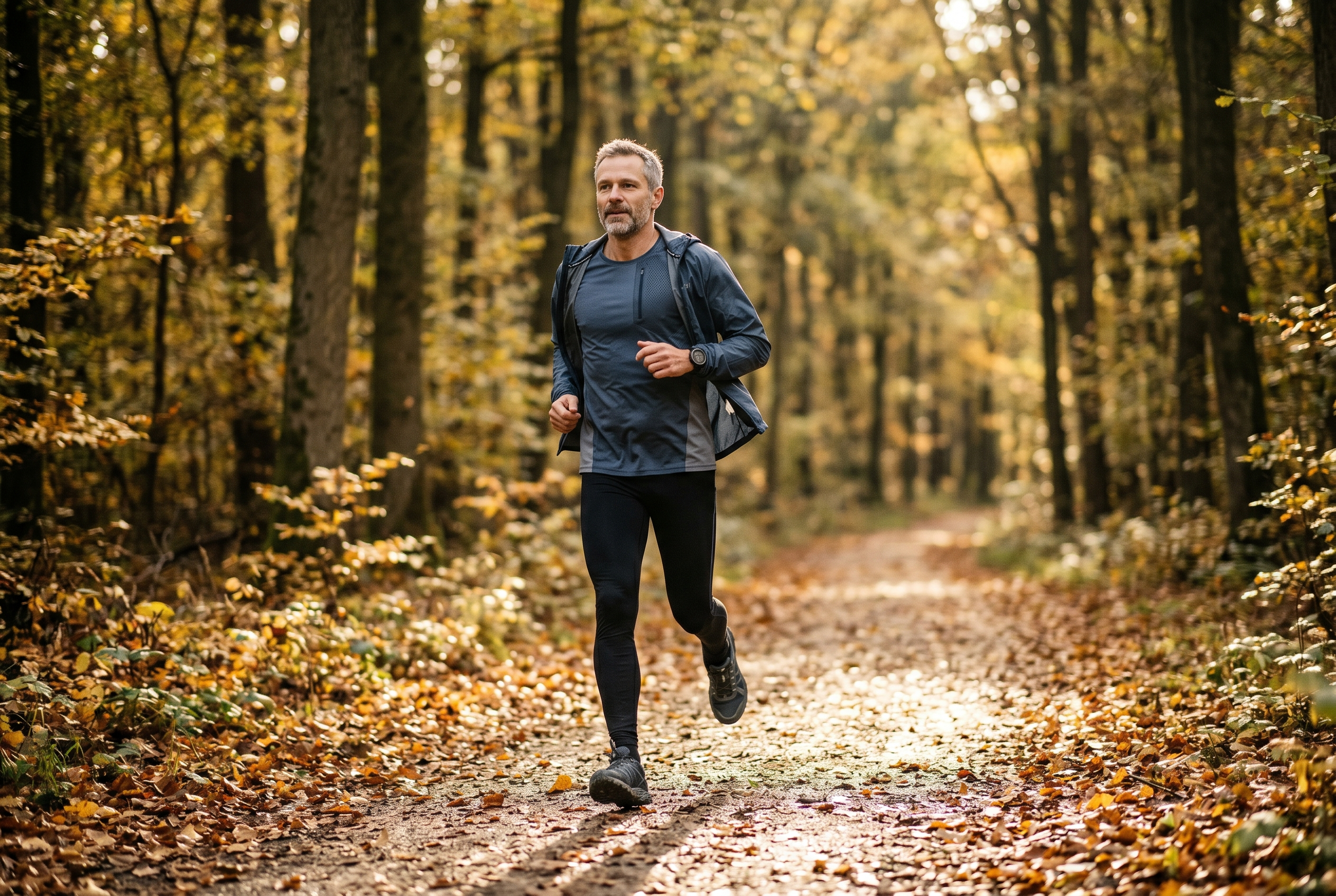 Mann 50+ mit grauem Bart joggt locker auf Waldweg im goldenen Herbstlaub - Zone-2-Cardio für Männer 40+