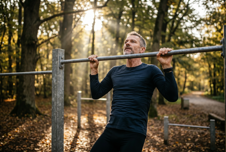 Mann 50+ in Funktionsshirt macht Klimmzüge an Calisthenics-Stange im herbstlichen Park bei Sonnenaufgang - Übungen unterer Rücken für Männer 40+
