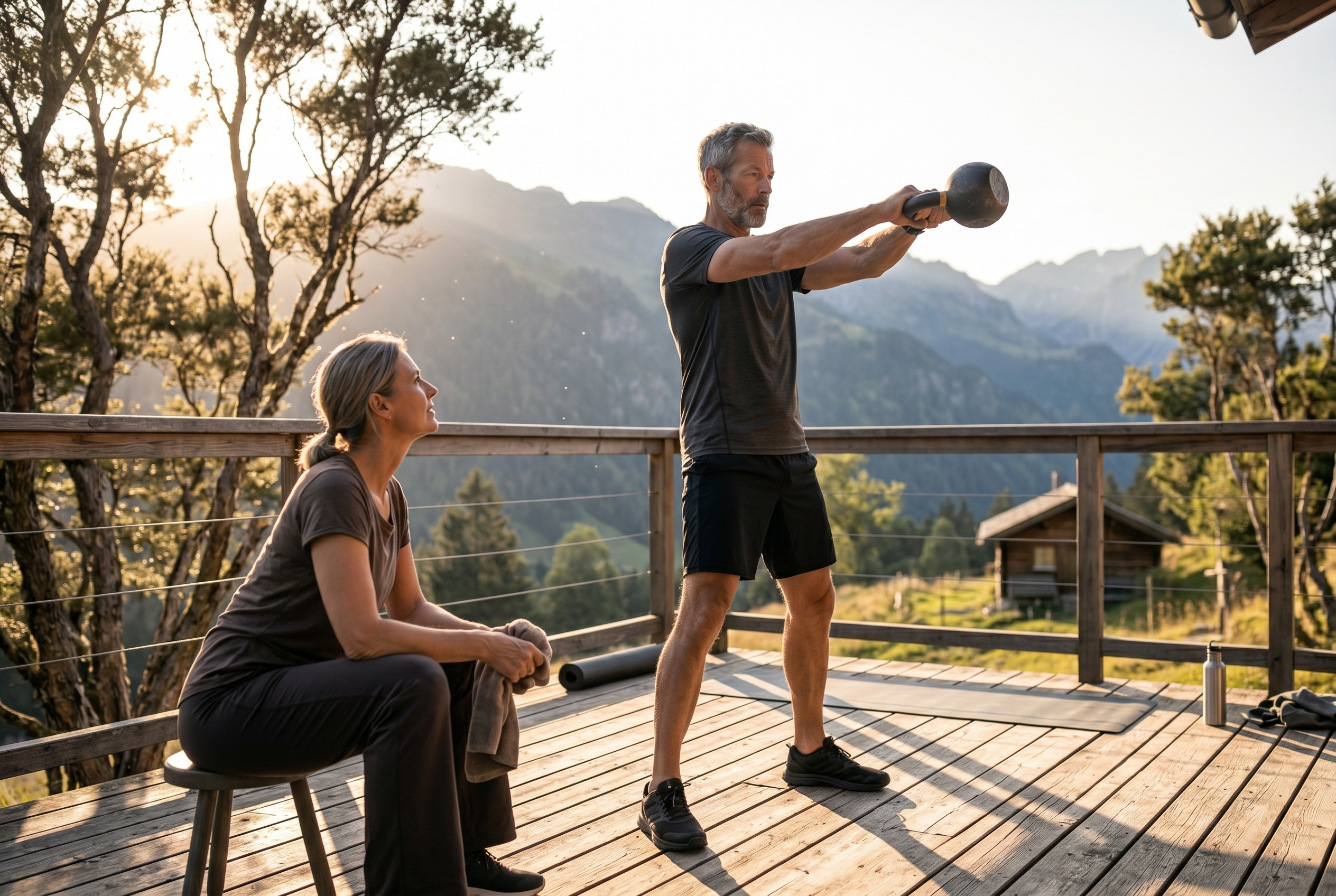 Mann 50+ trainiert Kettlebell-Swings auf Bergterrasse in den Alpen, Partnerin schaut zu - funktionelles Krafttraining ab 40 Männer
